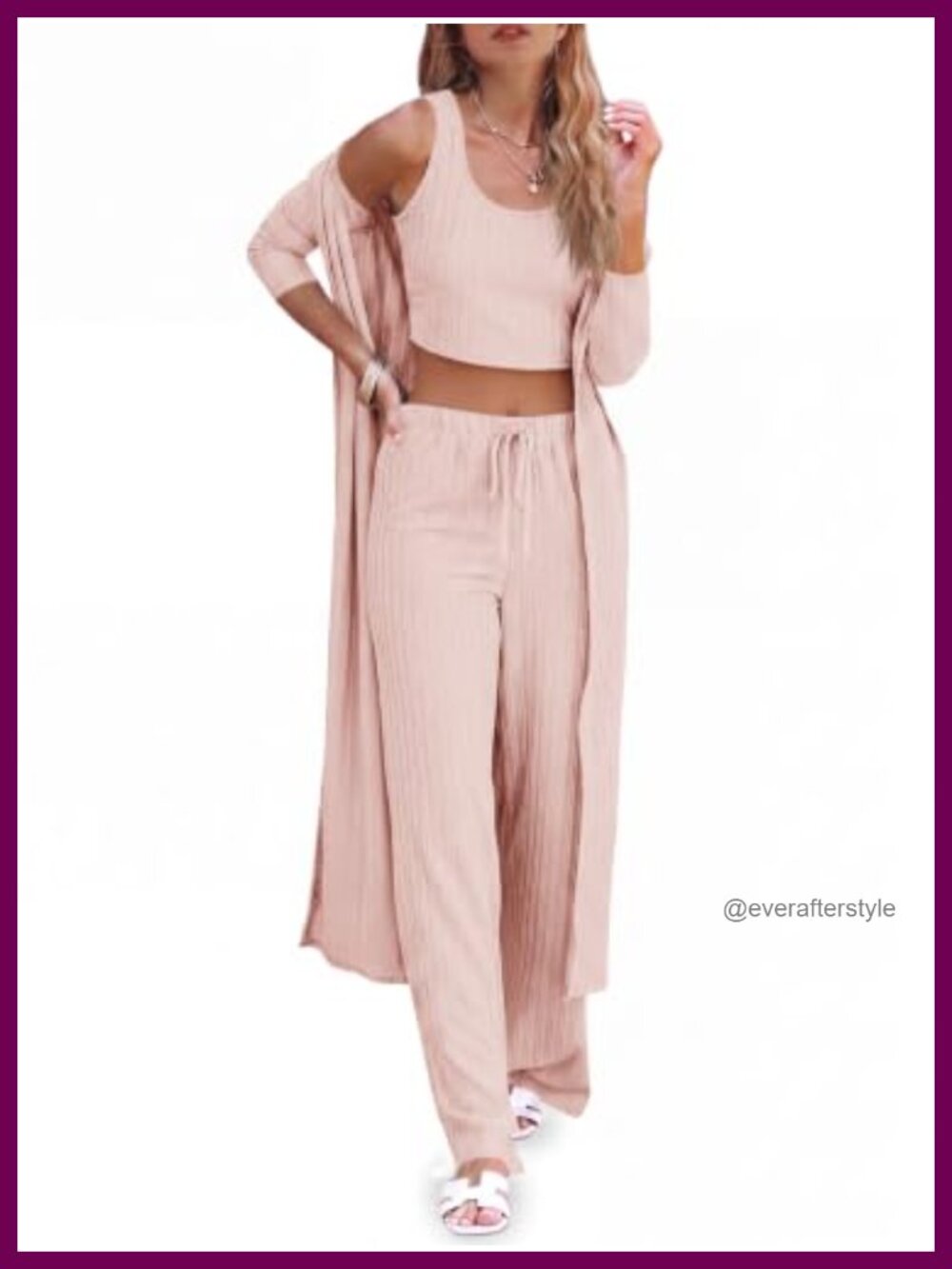 Womens 3 Piece Lounge Set Scoop Neck Crop Tank Wide Leg Pants Cardigan Ribbed